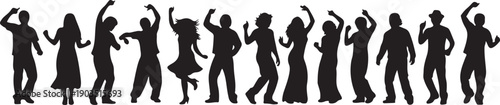 Silhouettes of people dancing in various joyful happy poses