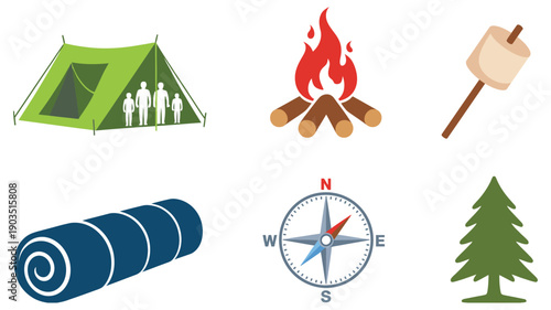 Camping Icons Collection, Tent Compass And Adventure Gear Vector Illustration Set White Background Outdoor Hiking Travel Nature Design
