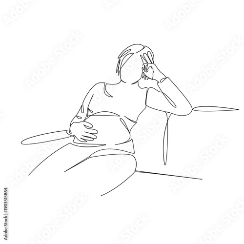One continuous single drawing line art flat doodle mother, sofa, indoor, sitting, woman, home, pregnant, belly, maternity. Isolated image hand draw contour on a white background, hand drawn, not AI