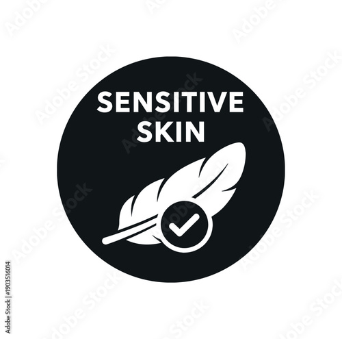 Flat vector badge SENSITIVE SKIN simple white feather with checkmark