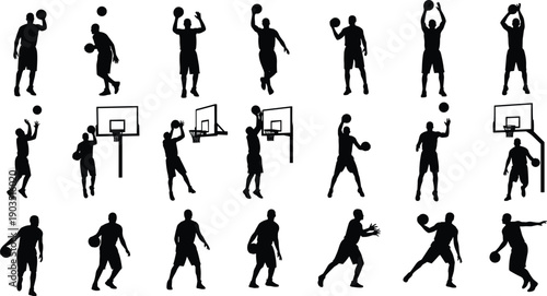 Basketball silhouette icon set, player action illustration, dribble dunk shoot pass defend artwork, sports training graphic, black and white vector