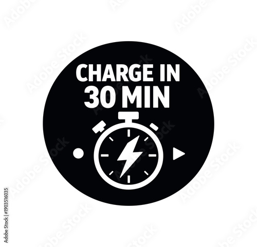 Flat vector badge CHARGE MIN simple white stopwatch with lightning bolt