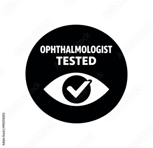 Flat vector badge OPHTHALMOLOGIST TESTED simple white eye with checkmark