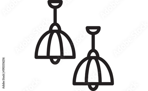 Light fixtures pendant lamp icon set with minimal black outline, modern hanging ceiling lamps, simple linear pictogram for interior lighting, web UI and signage