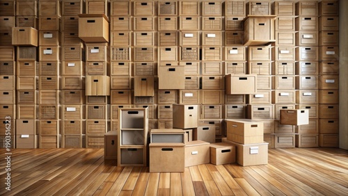A Room Filled with Numerous Wooden and Cardboard Storage Boxes of Varying Sizes and Shapes, Arranged in an Intriguing and Organized Manner on a Hardwood Floor