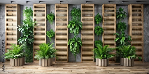 Modern Indoor Greenery Wall with Wooden Slatted Screen and Lush Potted Plants