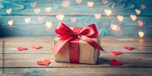 A Wrapped Gift with a Crimson Bow Rests on a Rustic Wooden Surface, Adorned with Scattered Hearts and a Soft, Romantic Glow