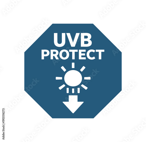 Flat vector octagon badge solid deep slate octagon background UVB PROTECT simple white sun with down arrow