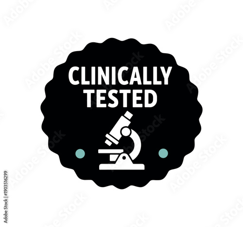 Flat vector seal stamp badge CLINICALLY TESTED simple white microscope tiny muted teal accent dot