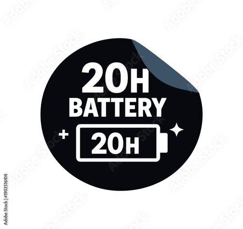 Flat vector sticker peel badge solid black sticker with peeled corner muted navy 20H BATTERY simple white battery with 20H
