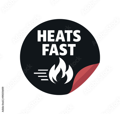 Flat vector sticker peel badge solid black sticker with peeled corner muted red HEATS FAST simple white flame with speed lines