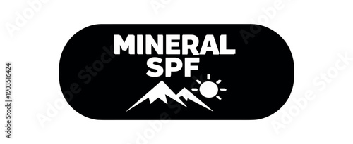 Flat vector pill badge solid black rounded capsule background MINERAL SPF simple white mountain with sun