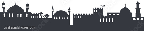 Medieval arabian city black silhouette. Urban panorama