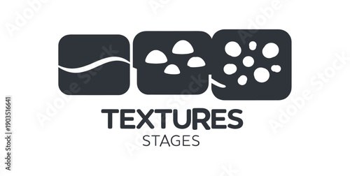 Single flat vector icon of texture stages: three rounded squares labeled by shapes only smooth wave small lumps finger chunks represented as dots stylish modern cutout look made with clean
