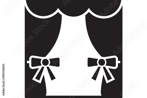 Curtains theater stage icon with draped fabric and ribbon bows, black and white silhouette for cinema, performance, showtime, presentation backdrop, flat vector