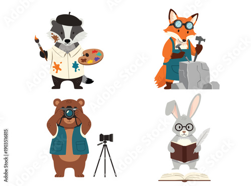 four cute forest animals a badger painter, fox sculptor, bear photographer, and rabbit writer representing different creative professions and artistic hobbies