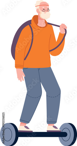 Old man ride gyroscooter. Active senior character