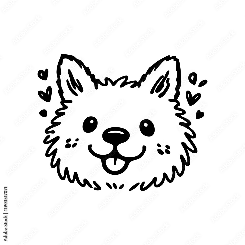 Fototapeta premium Cute fluffy dog face with hearts doodle illustration.