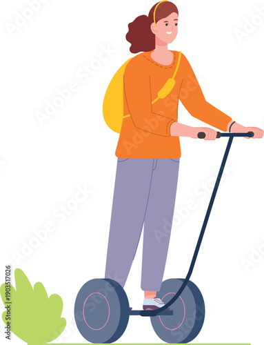 Young woman on segway. Urban travel color character