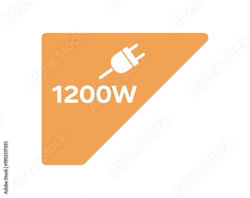 Flat vector corner callout sticker orange triangular corner label 1200W simple white plug pictogram centered within triangle