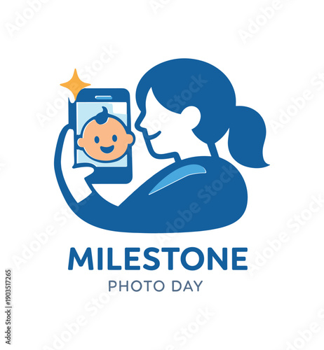 Single flat vector icon of baby milestone photo: rounded mother holding phone small baby face circle on the screen tiny sparkle stylish modern cutout look made with clean negative space