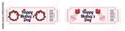 Mothers Day celebration ticket set with spring floral wreaths and flowers in vase