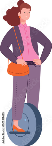 Businesswoman on monowheel drive to work. Alternative urban transport