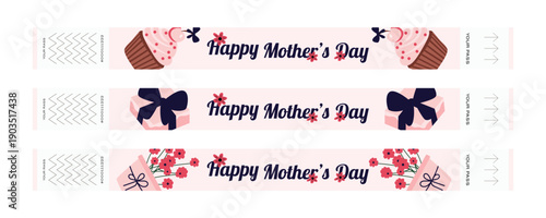 Mothers Day wristband ticket set with cupcakes gift boxes and potted flowers