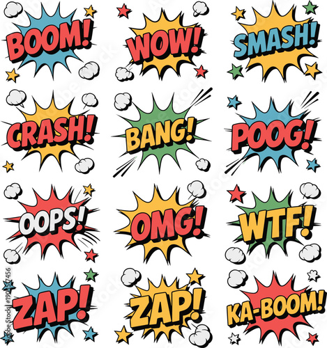 Comic book sound effects, colorful speech bubbles, pop art style, vibrant onomatopoeia, dynamic comic text, explosion graphics, cartoon bursts, comic art design