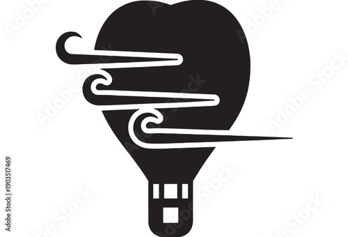Hot air balloon icon with wind swirl lines and basket, minimalist black silhouette pictogram isolated on white background, travel and weather symbol for web and app UI