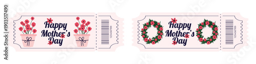 Mothers Day celebration ticket set with potted flowers and floral wreaths