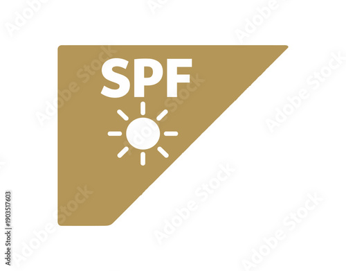 Flat vector corner callout sticker gold triangular corner label SPF simple white sun pictogram centered within triangle