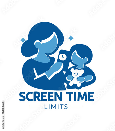 Single flat vector icon of mom managing screen time: rounded mother silhouette holding phone with small timer dot child beside her with toy two tiny calm sparkle dots stylish modern cutout