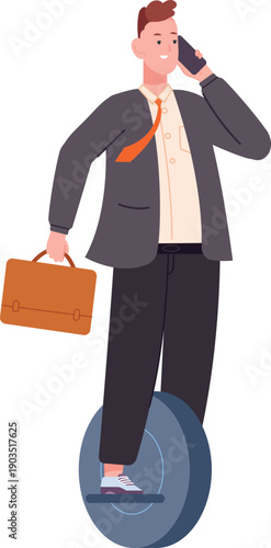 Businessman hurry to work meeting on monowheel and talk on phone