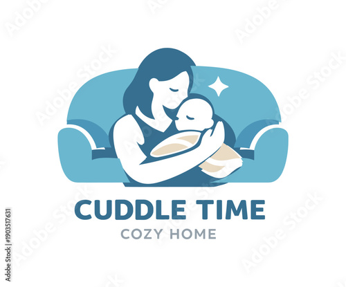 Single flat vector icon of mom and baby cuddle on sofa: rounded sofa cushion shape behind mother holding baby tiny blanket fold cutout one calm sparkle dot stylish modern cutout look made
