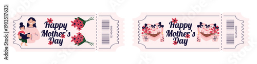 Mothers Day party ticket set with mom and child reading book flowers gifts cupcakes