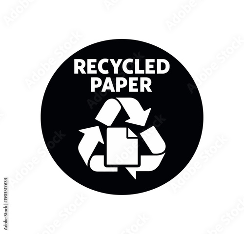 Flat vector badge RECYCLED PAPER simple white recycle arrows with paper sheet