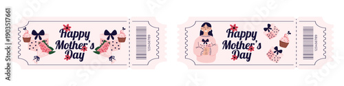 Mothers Day celebration ticket set with mom illustrations bouquets gifts and cupcakes