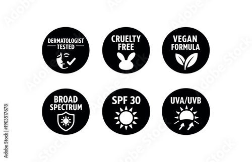 Flat vector badge simple white badge texts and : DERMATOLOGIST TESTED skin face checkmark CRUELTY FREE bunny head VEGAN FORMULA V leaf BROAD SPECTRUM sun shield SPF sun rays UVA/UVB sun