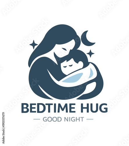 Single flat vector icon of mom and child bedtime hug: rounded mother silhouette hugging child under small blanket tiny moon cutout above two sparkle dots stylish modern cutout look made