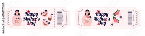 Mothers Day party ticket set with mom illustrations flowers gifts and cupcakes