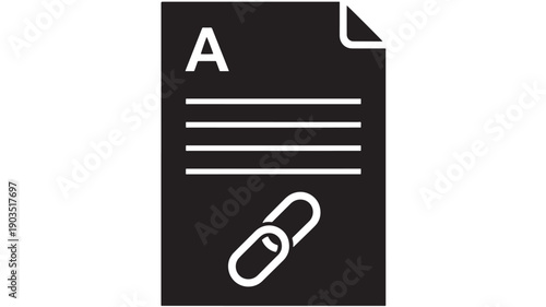 Document file icon with paper sheet and link chain symbol, minimal black and white glyph for attachment, hyperlink, URL, web page, and data sharing concept