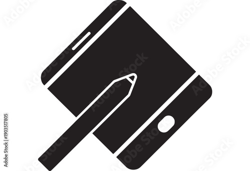 Smartphone icon with stylus pen and tablet screen in black and white flat glyph style, minimal UI symbol for mobile app design, touchscreen drawing and note taking