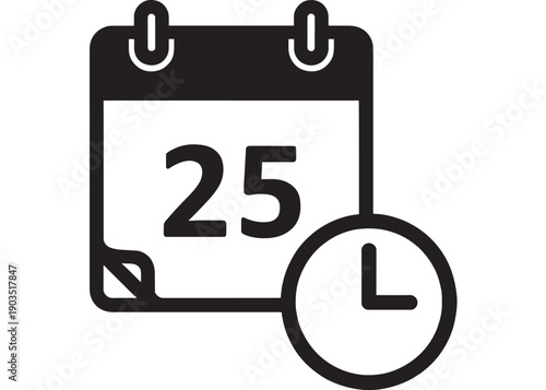 Calendar deadline icon with date 25 and clock symbol, black and white flat vector pictogram for schedule reminder, appointment planning, time management, UI app button