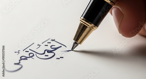 Close up of hand writing arabic calligraphy with gold pen on white paper