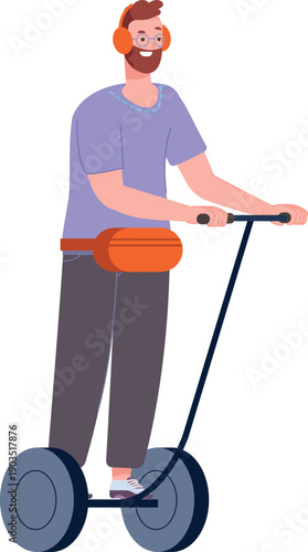 Happy man on segway. Driving color character in headphones