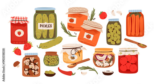 Homemade Preserves and Pickling. Jars of jam, honey, and pickled vegetables. Cottagecore aesthetic with fermentation and harvest ingredients.