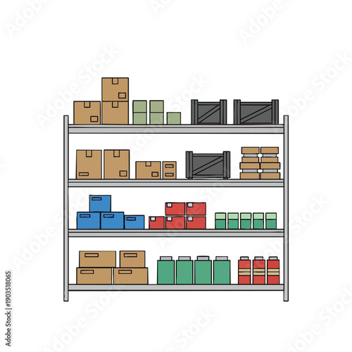 Warehouse Storage Shelves with Boxes and Containers