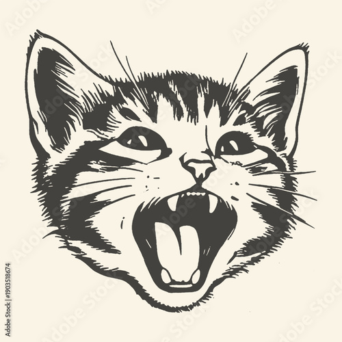 Fierce Cat Roaring with Sharp Teeth Exposed, Black and White Vintage Style Illustration for a Wild or Playful Theme