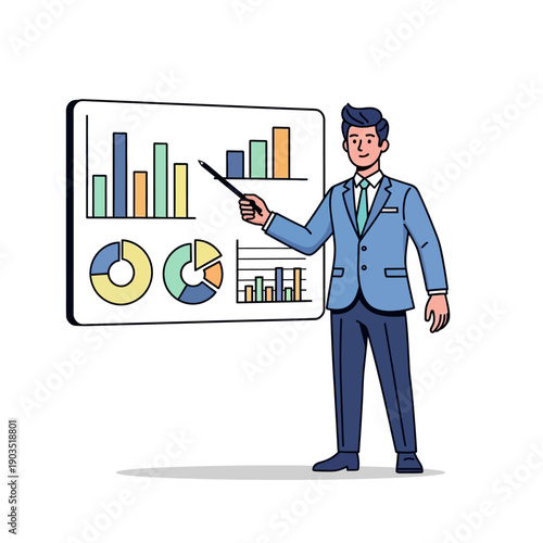 Businessman presenting financial report with charts and graphs on screen